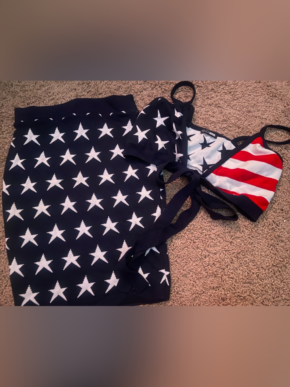 Star Print Navy Sweater & American Flag Bikini Top Set